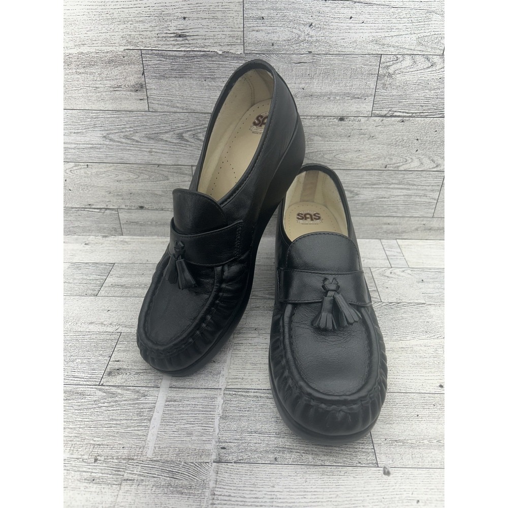 SAS Black Leather Tassel Loafers for Women